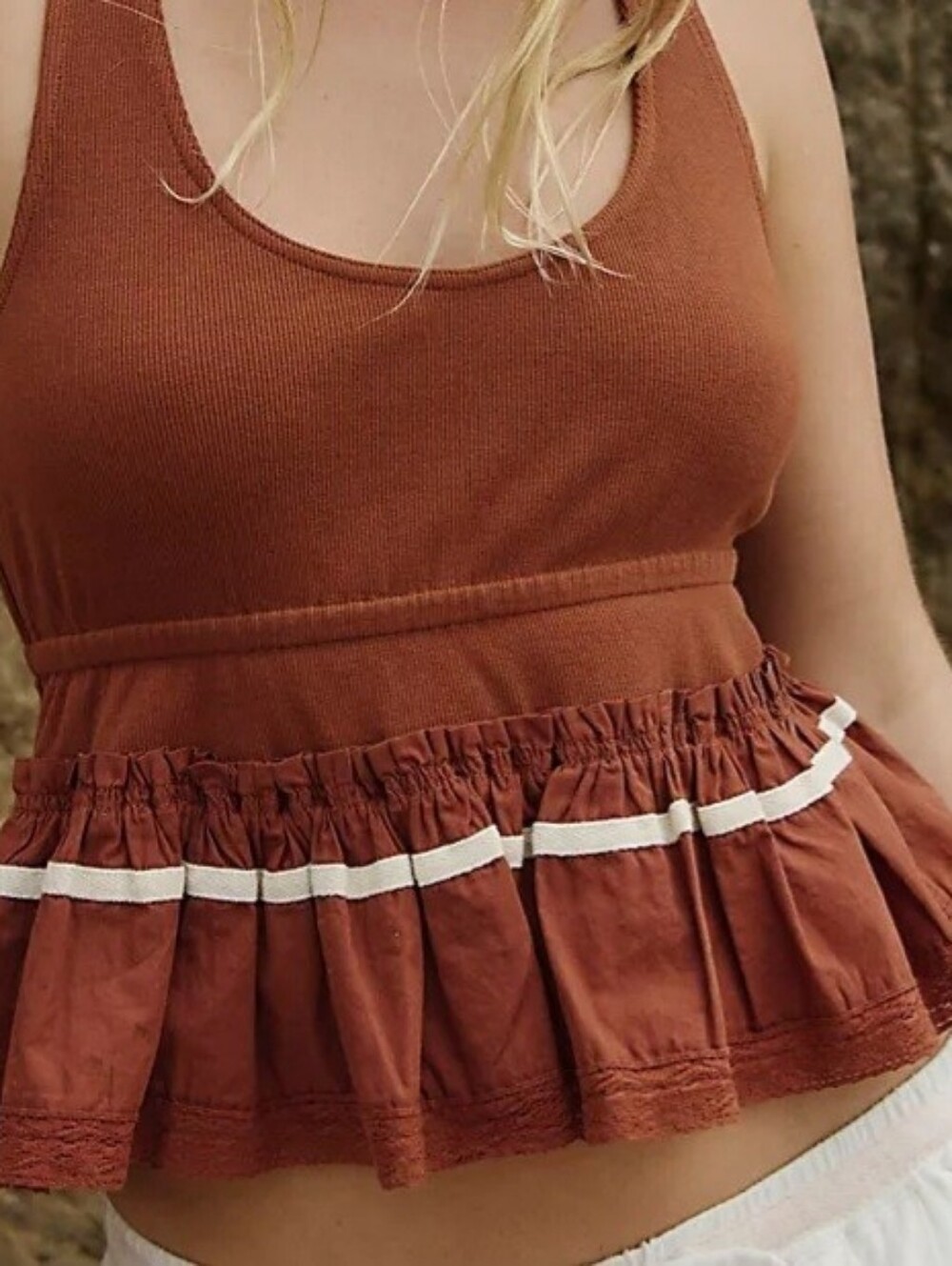 Free People Honey Topaz Ruffled Tank with White Trim New W Tags - Picture 4 of 6